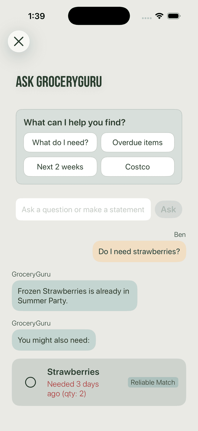 Ask GroceryGuru chat showing strawberry recommendations